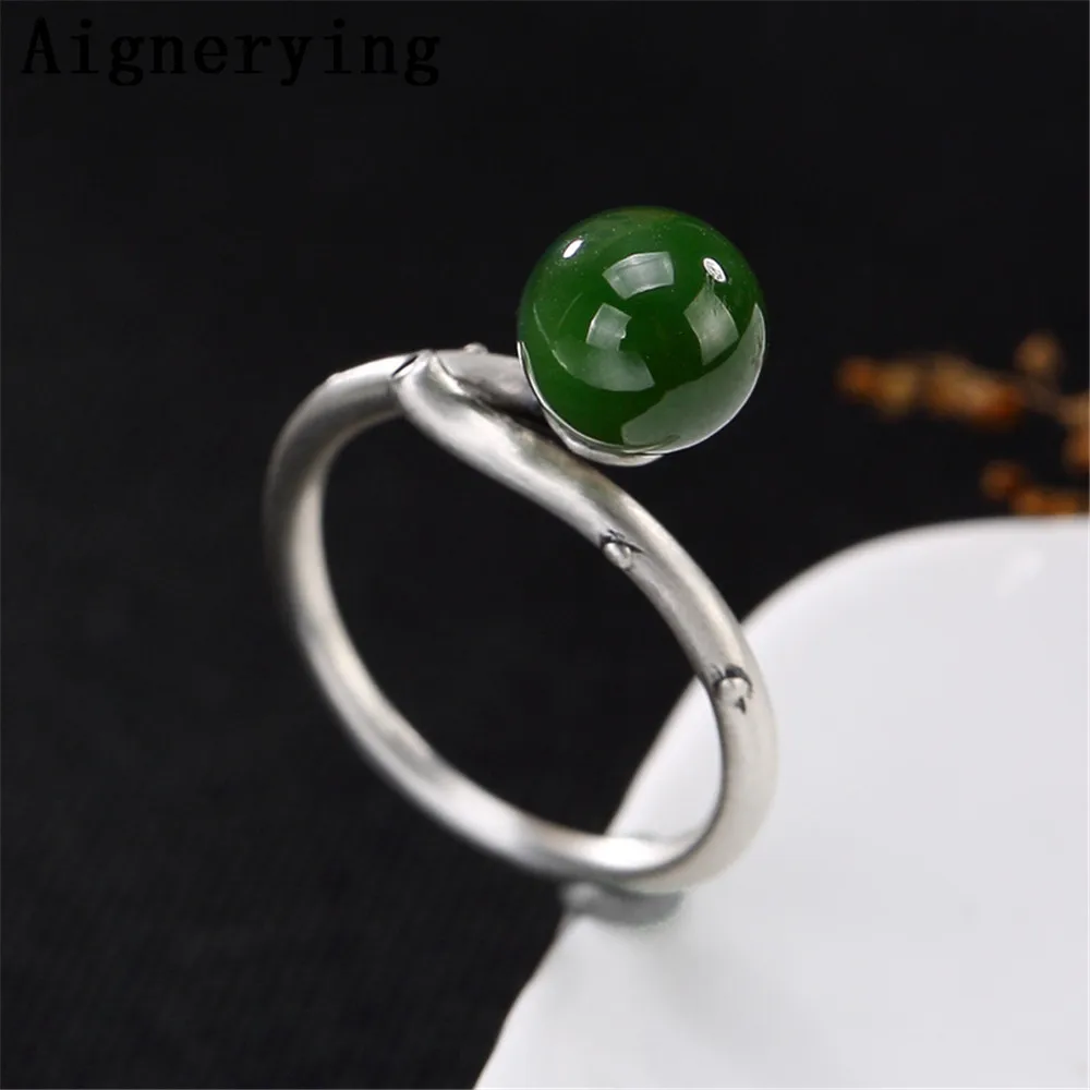 

925 Sterling Silver Rings For Women Green Jade Adjustable Ring Handmade Jewelry Silver Rings Gift tray with Box Jewelry