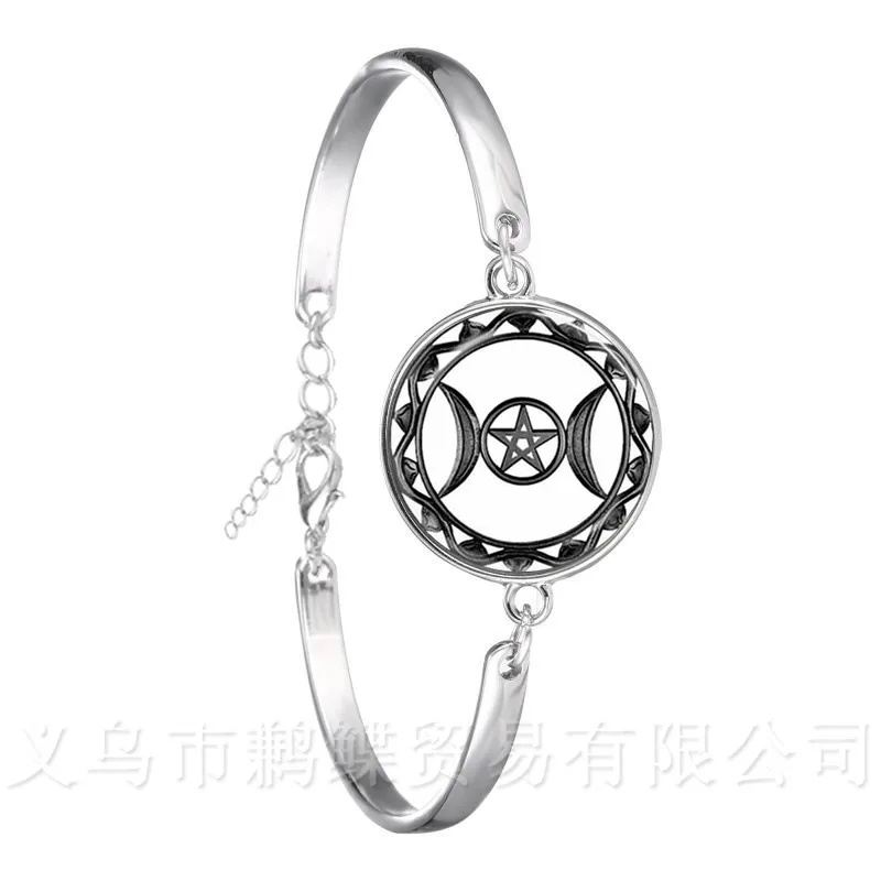 Triple Moon Goddess Chain Bracelet Pentagram Witch Jewelry 18mm Glass Dome Wiccan Silver Plated Charm Wicca Jewelry For Women