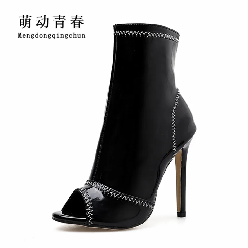 

New Fashion Sewing High Heels Ankle Boots Women Peep Toe Patent Leather Summer Boots Gladiator Thin Heel Black Party Pumps Boots