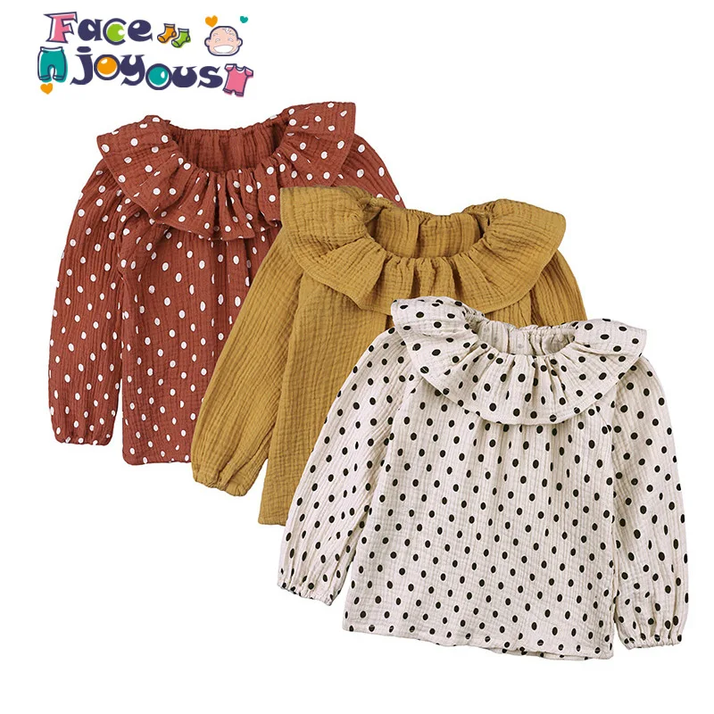Новая Осенняя детская футболка из хлопка и льна топы с длинными рукавами для девочек, футболки одежда в горошек для маленьких девочек, одежда для детей От 1 до 5 лет