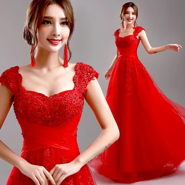 

Red Evening Dress 2016 hot Arrival Bride Married Wedding Party Dress Plus Size Lace Beading Sexy Long Formal Dress Prom Dresses