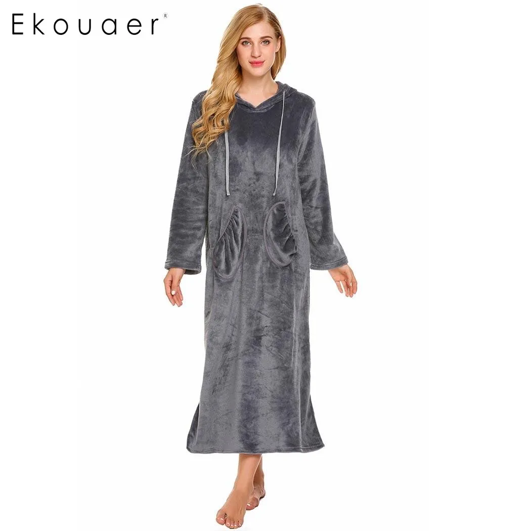 Ekouaer Women Hooded Nightgown Long Sleeve Solid Fleece Thicked ...