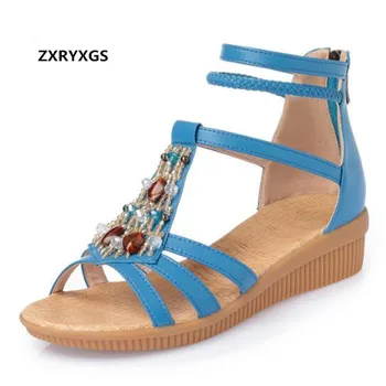 

Elegant Comfort Rhinestone Genuine Leather Shoes Fashion Sandals Women Shoes 2019 Large Size Casual Shoes Summer Women Sandals