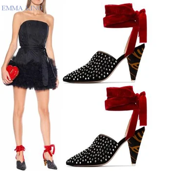 

Women Leopard Heels Crystal Slippers Sexy Pumps Ankle Strap Spike High Heel Semi-slipper Shoes Closed Toe Lace-up Women Sandals