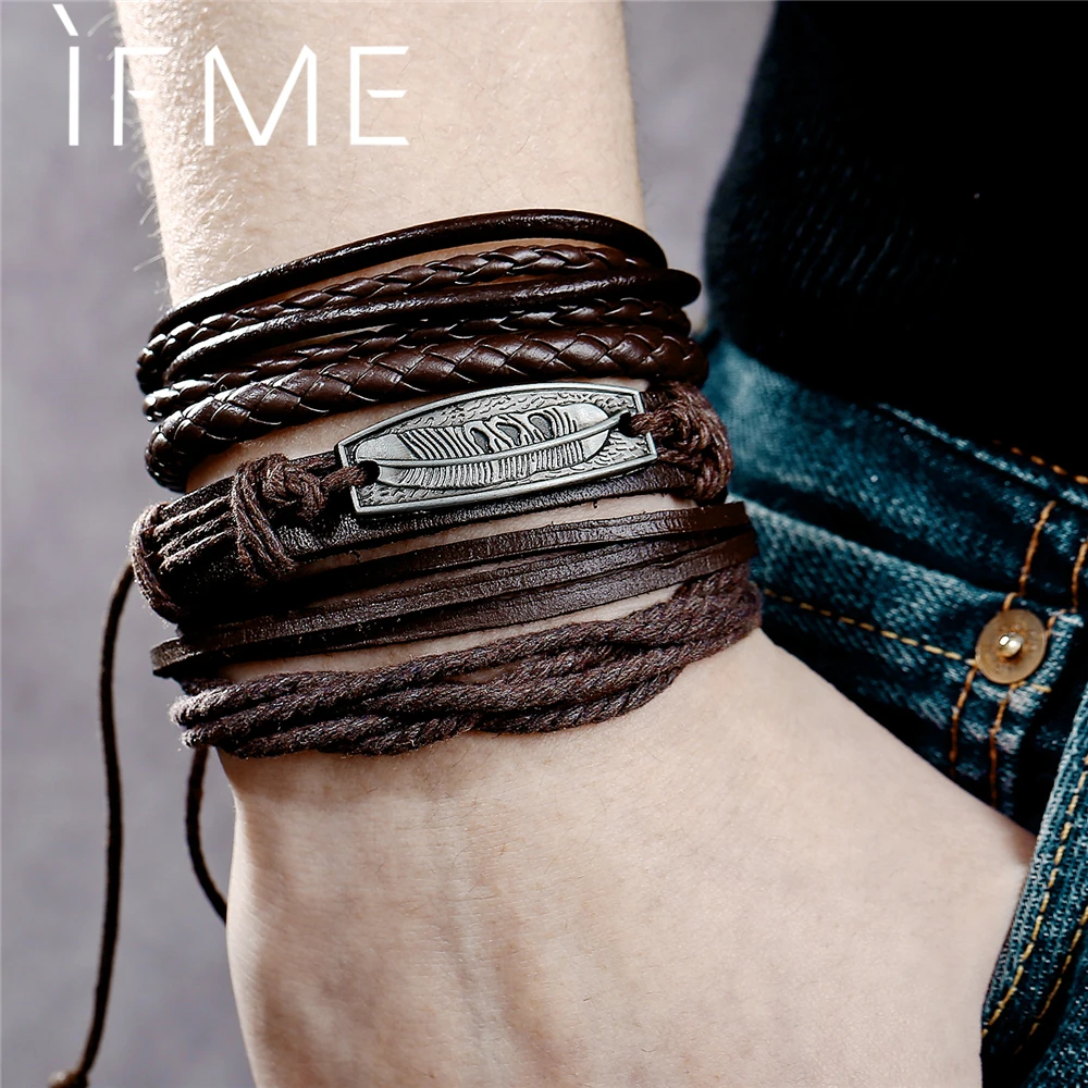 IF ME-Conjunto pulseras de cuero varias capas para hombre y mujer, pulsera trenzada de cuentas hechas a mano, Estilo Vintage, pluma - AliExpress Joyería y accesorios