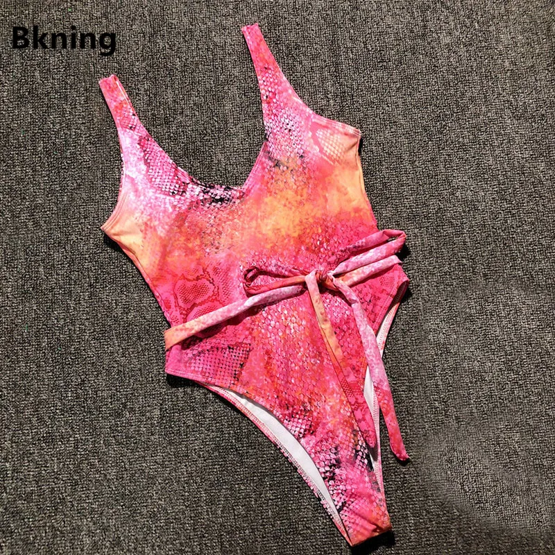 

Bkning Snake Print Swimsuit Women One Piece Bathing Suit Leopard Swimwear Waistbelt Thong Trikini 2019 Padding Strappy Swiming