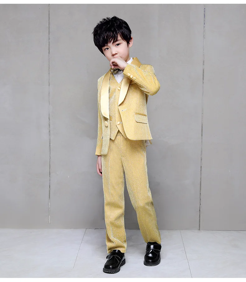 Flower Boy Wedding Dress Suit Sets Children Gold 3Pcs Catwalk Piano Costume Kids Blazer Vest Pants Shirts Clothes Sets