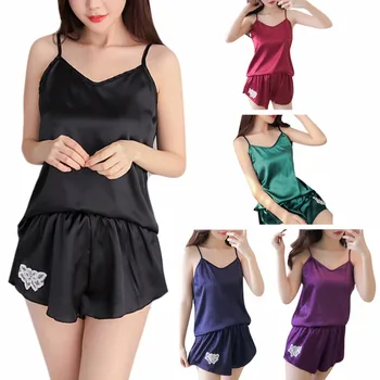

Womens Sexy Faux Silk Sleeveless Camis Pajamas Set Flower Embroidery Sleepwear