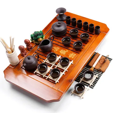 

Chinese Kung Fu tea tray set GaiWan Teapot Teacup purple sand tea set ceramic solid wood tea table home Gift preferred