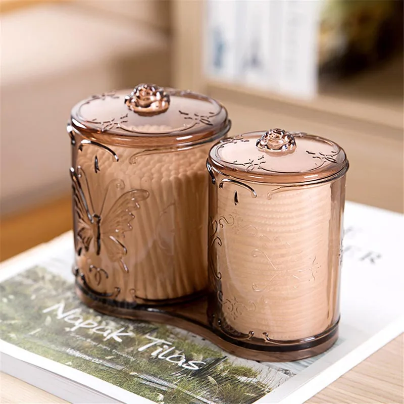 

Retro Double Barrel Design Makeup Cotton Storage Box With Lid Cotton Swab Box Siamese Brush Tube Home Supplies