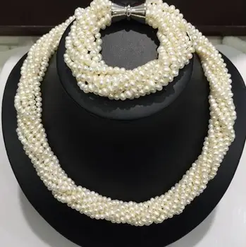 

Hot sell 9rows 3-4mm white color multi-layer natural freshwater pearl twist necklace bracelet set fashion jewelry