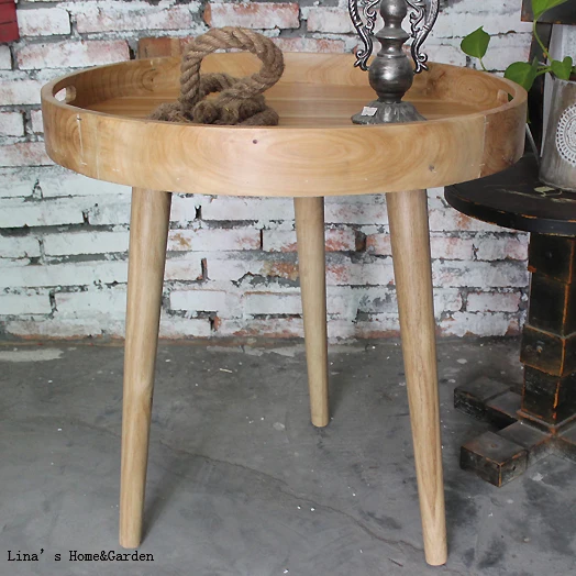 Knock Down 3 Leg Creative Tray Top Natural Round Wooden Side Table Knock Down 3 Leg Creative Tray Top Natural Round Wooden Side Table