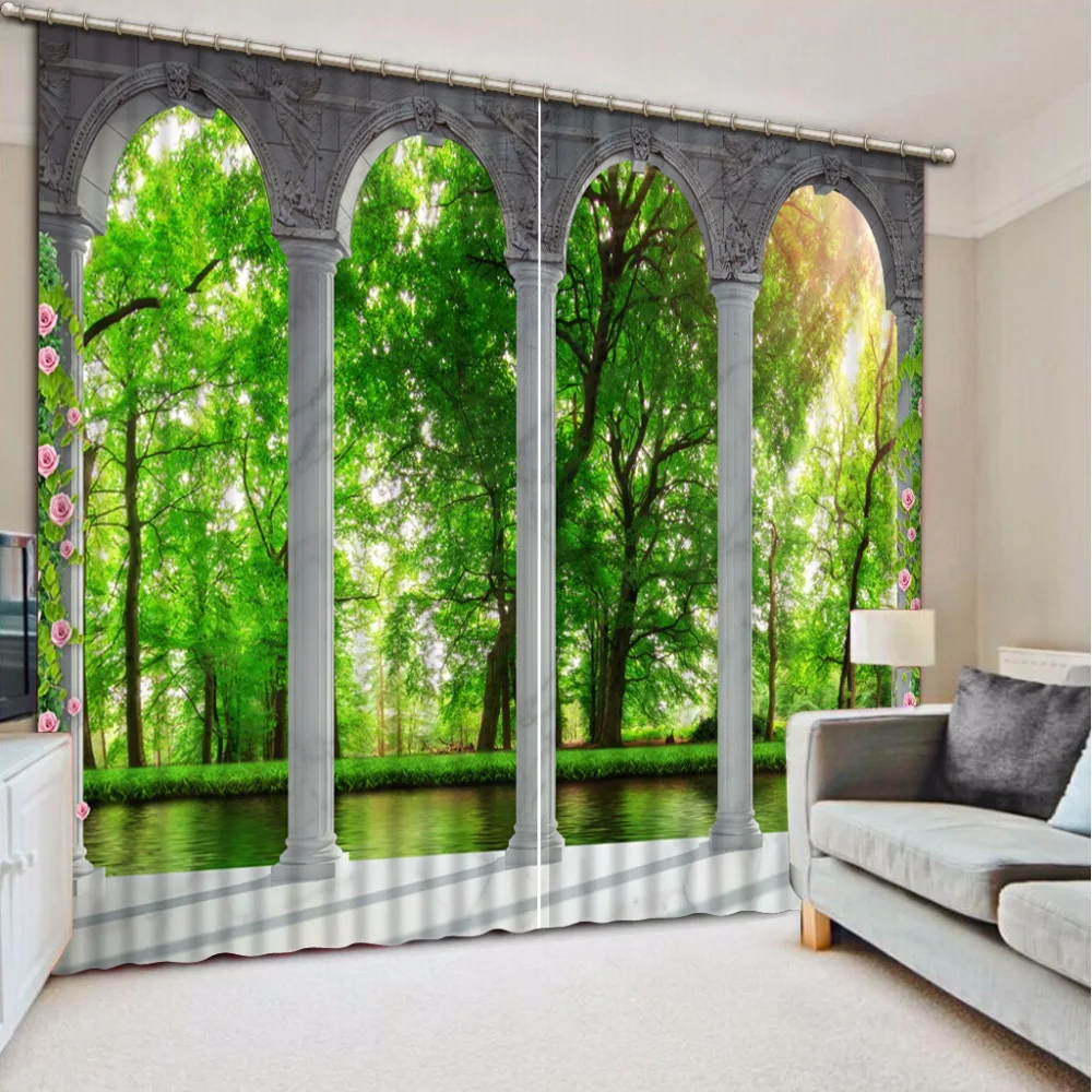 Fashion Customized 3D Curtain Green tree Roman pillars Curtain Living