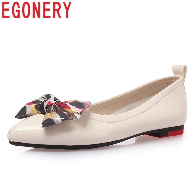 

EGONERY shoes women spring new concise casual patent leather women flats outside comfortable bowtie pointed toe shallow shoes