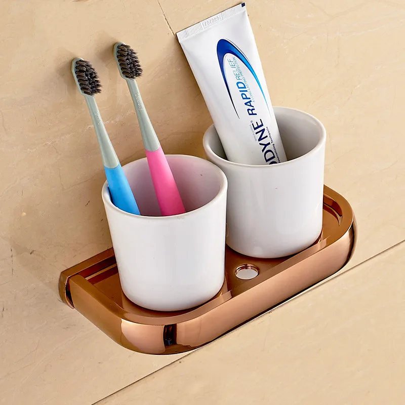Cup & Tumbler Holders Solid Brass 5 Colors Toothbrush Holder With Double Ceramic Cups Wall-mounted Bathroom Accessories F81368