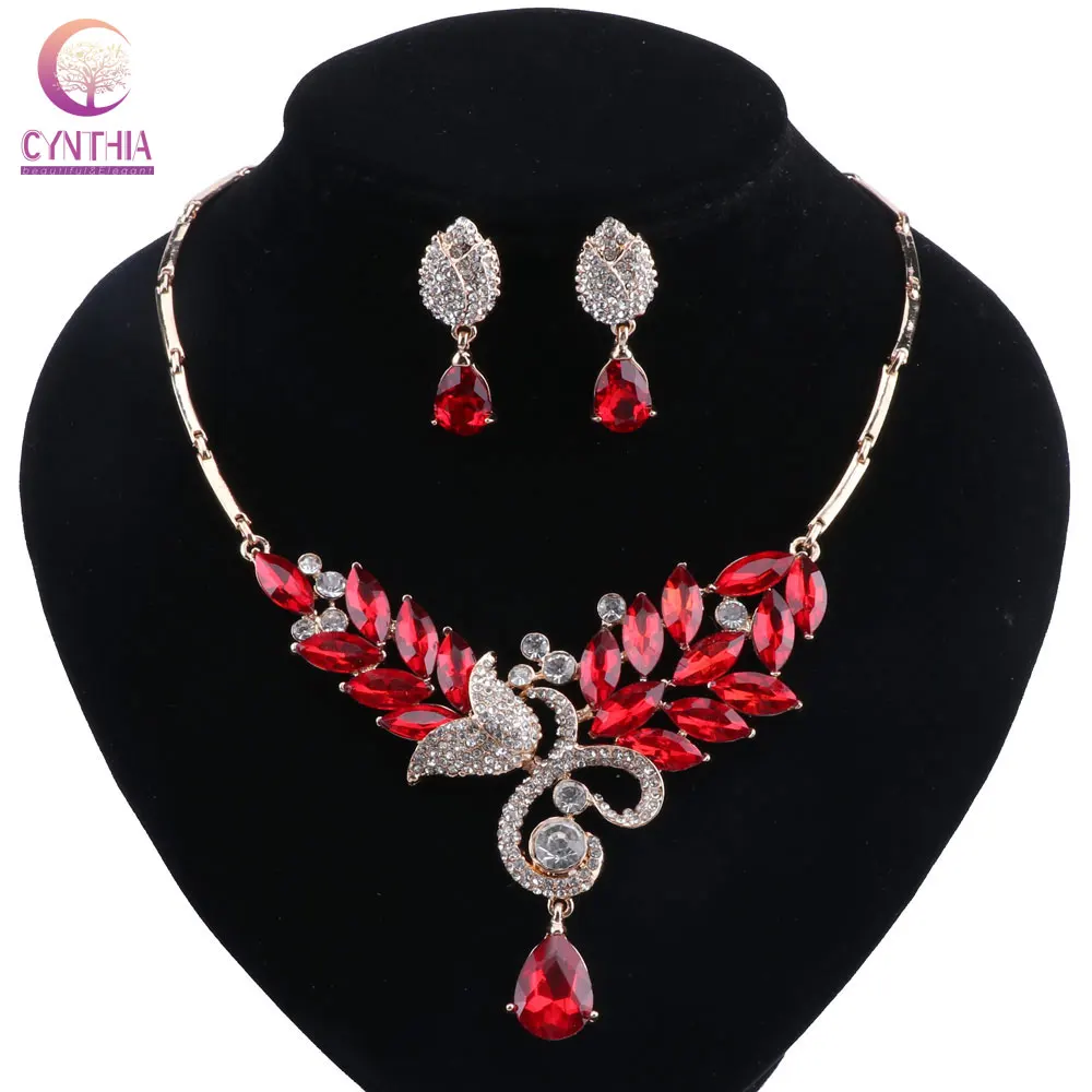 

Flower Wedding African Bead Jewelry Set Jewelry Sets for Women Fashion Gold-color Dubai Rhinestone Necklace Earrings Set