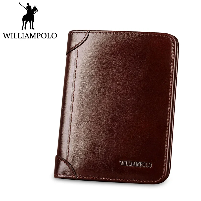 

WILLIAMPOLO Short Purse Men Wallet Genuine Leather Bi-fold Trifold Design Cowhide Small Wallet Brown Black