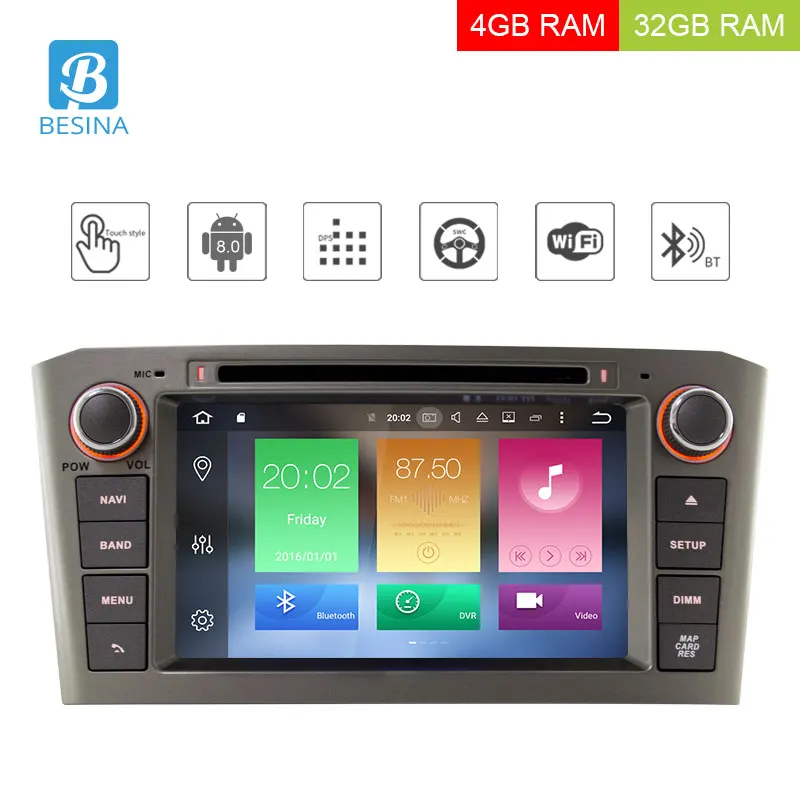 

Besina 2 Din Android 8.0 Car DVD Player For Toyota T25 Avensis 2003-2008 Car GPS Navigation Radio 4G+32G Octa Cores Multimedia