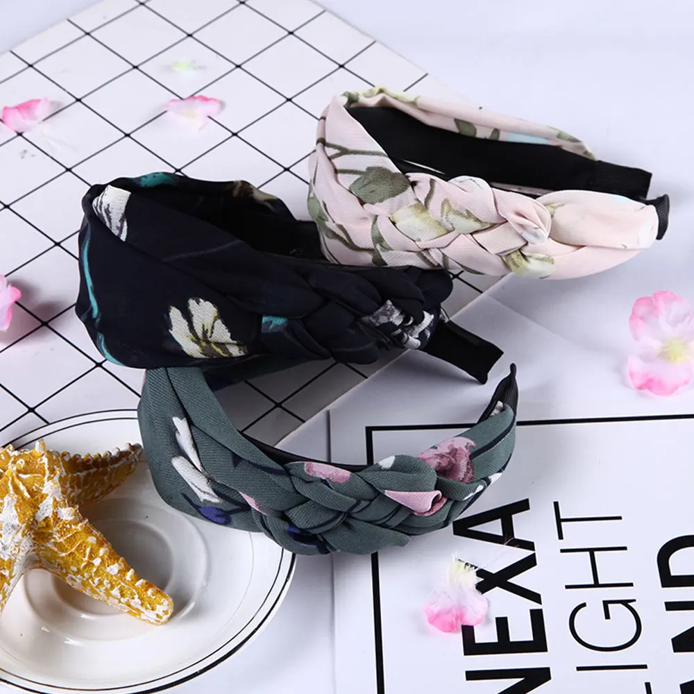 

2019 Hair Accessories Fabric Flower Printed Hair Hoop Hairbands For Women Creative Weave Twist Wide Hairband Headwear Fashion