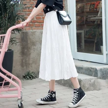 Плиссированная шифоновая юбка, Длинная женская элегантная повседневная Однотонная юбка-макси до середины икры с высокой талией, Корейская расклешенная линия, однотонная летняя