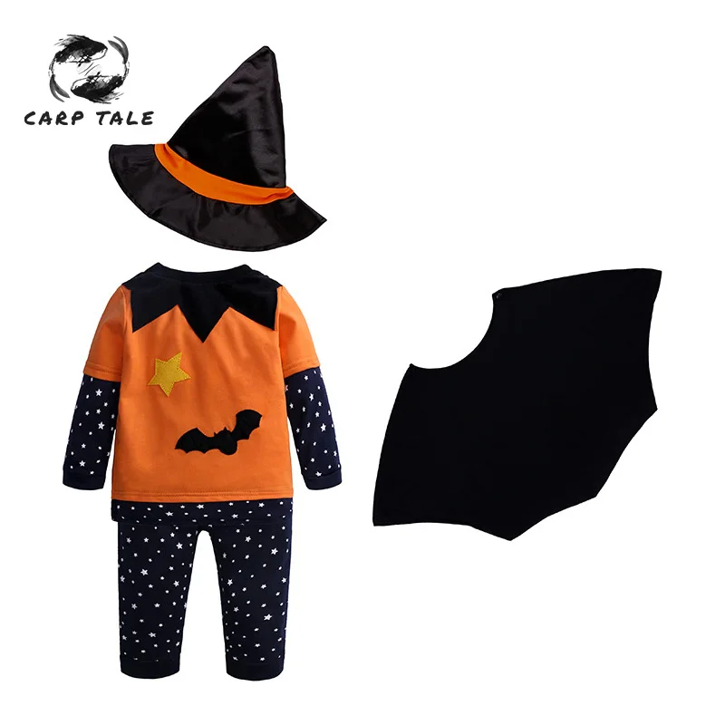 

Infant Children's Wear 2019 Autumn Children's Halloween Pumpkin Set Long Sleeve Pants Hat Cloak Four Fashion Boys and Girls Set