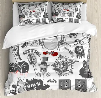 

Rock Music Duvet Cover Set Monochrome Musical Instruments Guitar Drum Microphone Speakers and Guns Pattern 4 Piece Bedding Set