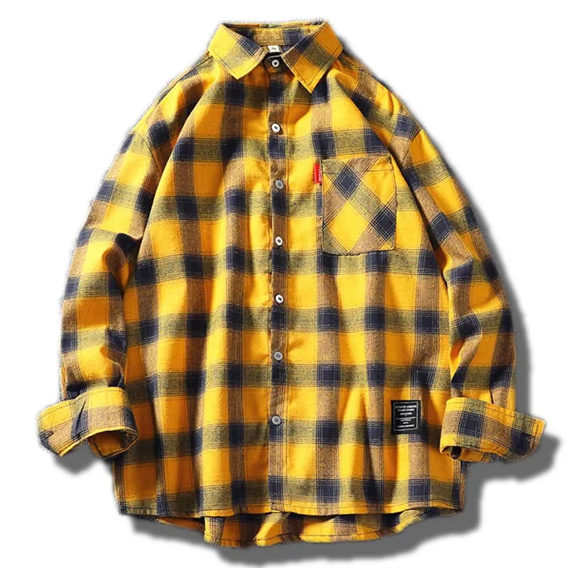 Мужские фланелевые рубашки с длинным рукавом 5xl желтая клетчатая рубашка буйвола корейская мода высокое качество хип хоп Уличная одежда CS08 - Цвет: Yellow