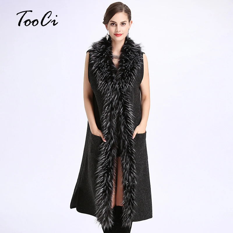 

New Autumn Winter Women Black V-collar Vest Jacket Lady Fashion Faux Fur Collar Sleeveless Knit Cardigan Poncho
