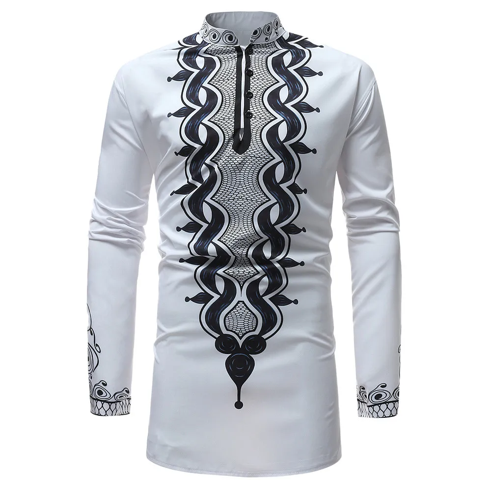 

JAYCOSIN 2019 Men's Casual Fall Winter Luxury African Style Ethnic Print Long Sleeve Shirt Top