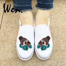 Вэнь дизайн милая собака мопс вязаная шапка и наушники слипоны мужская обувь белые черные туфли на плоской подошве парусиновые кроссовки для женщин плимсоллы