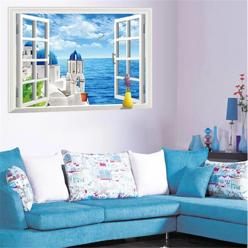 

3d blue mediterranean style window wall stickers home decor living room art scenery ocean tower view wall decals pvc posters