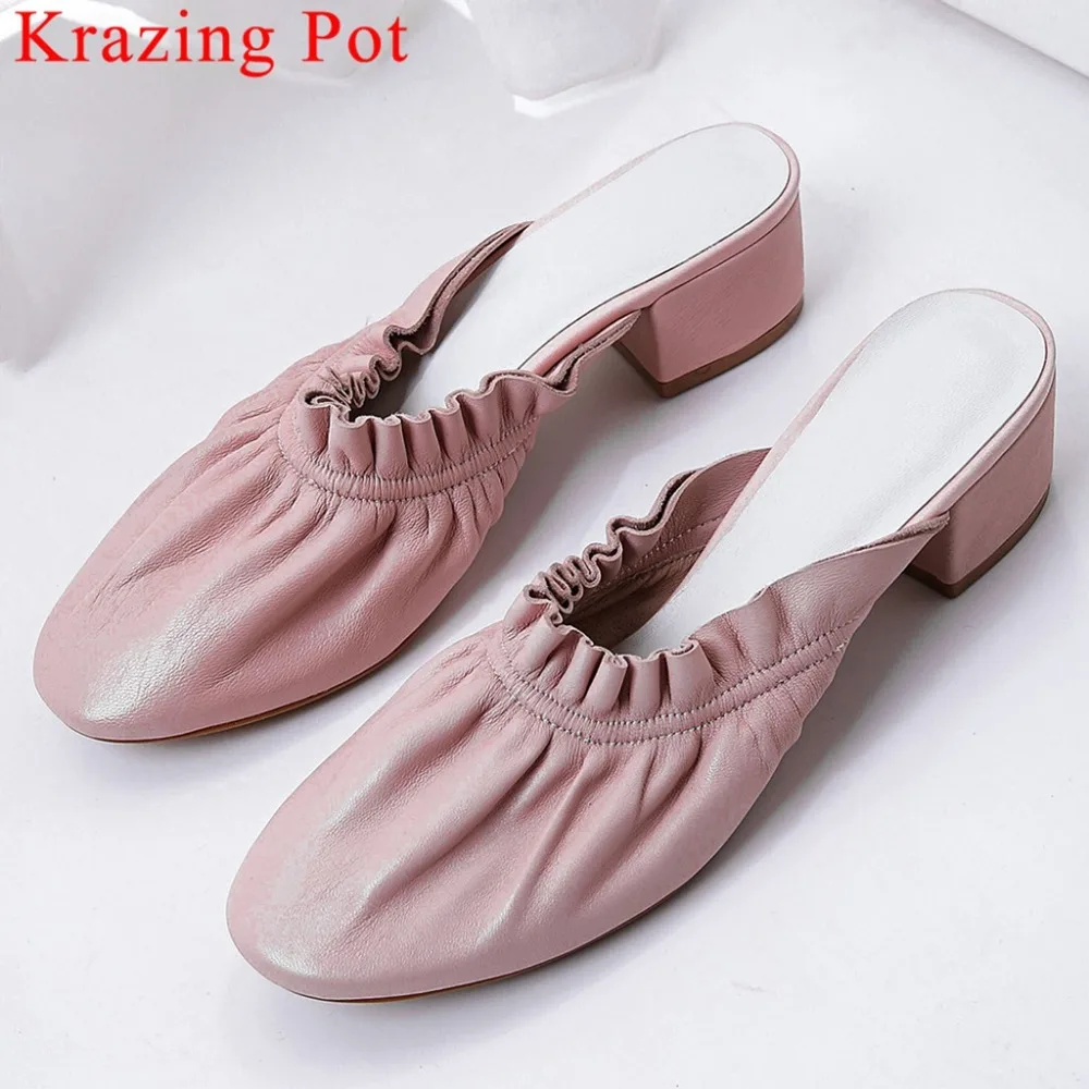 

Krazing Pot full grain leather chunky med heels round toe slip on mules pleated design concise princess style daily pumps L19
