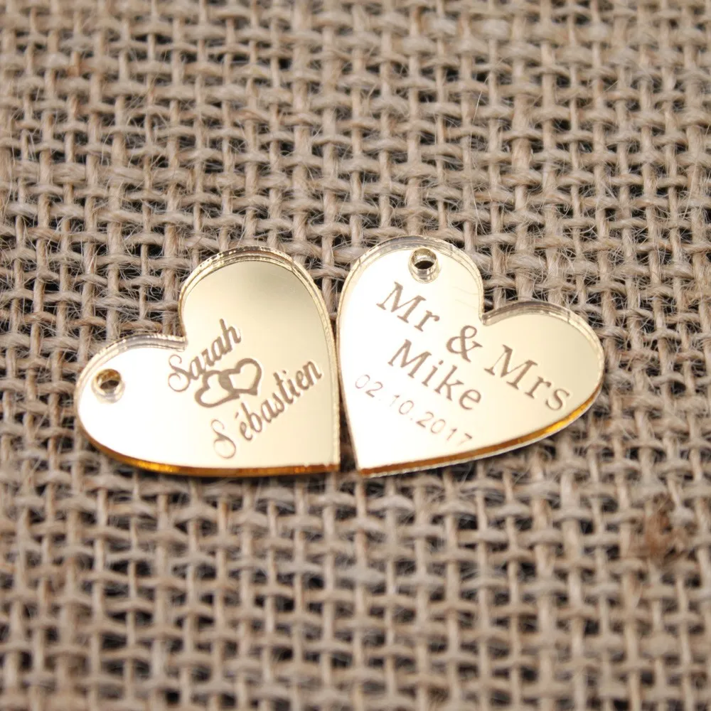 50pcs Personalized Engraved Name Card Mirror MR & MRS Surname Love Heart Wedding Table Decoration Favors Customized Size3
