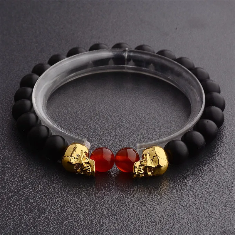 

New Natural Stones Skull Bracelet For Women Lava Stone Beads Men Bracelet Black Lava Beads Bracelets Pulseras Mujer AB574