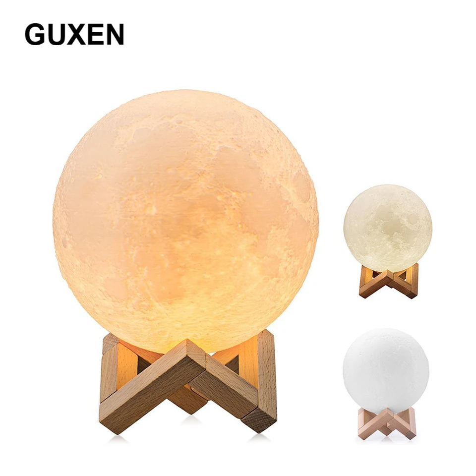 Guxen 3D Printing Moon Lamp USB Charging Led Night Light Touch Control Brightness 2 Color Change