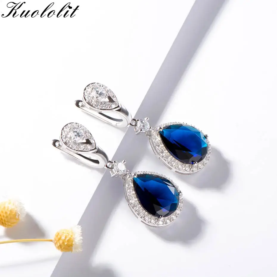 

Kuololit Blue Sapphire Gemstone Drop Earrings For Women Solid 925 Sterling Silver Fine Jewelry For Women Wedding Birthstone Gift