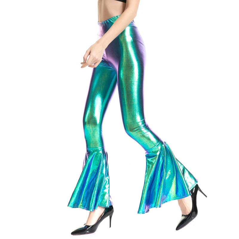 Femmes Flare brillant Leggings Laser métallique Wetlook à volants pantalon à jambes larges rétro 70 s Disco Hippie Club pantalon cloche bas