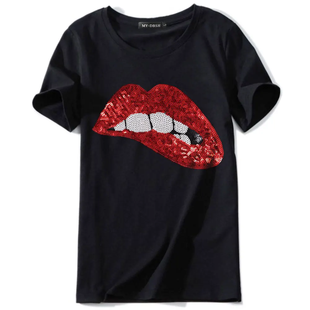 

Fashion Sexy Lips Sequin t shirt Women Clothes Summer Short Sleeve t-shirt Casual Cotton tshirts Female Tops poleras de mujer
