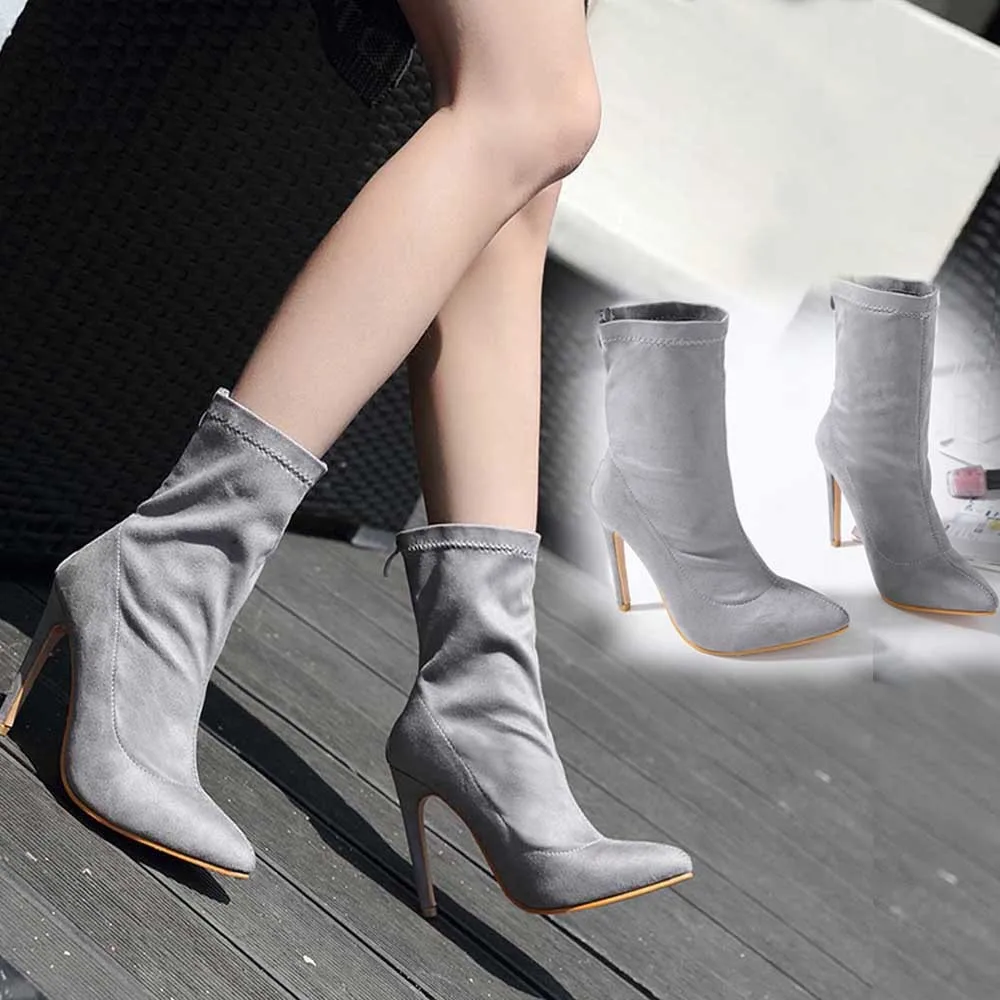 Boots Fashion Women Solid Color Sexy Thin Heels Flock Boots Back Zipper Pointed Boots PU Leather Spring Autumn Ladies Shoes T6#