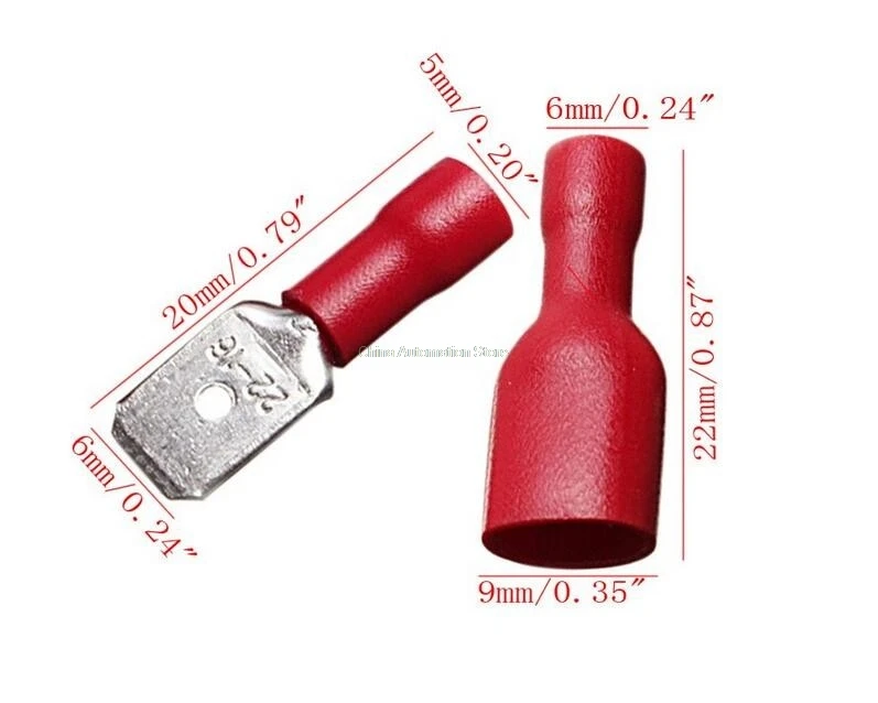 

faston red 50pcs 6.3mm insert piece spring insulation wiring terminal FDFD-1-250 male and female plug 0.5-1.5 pair joint