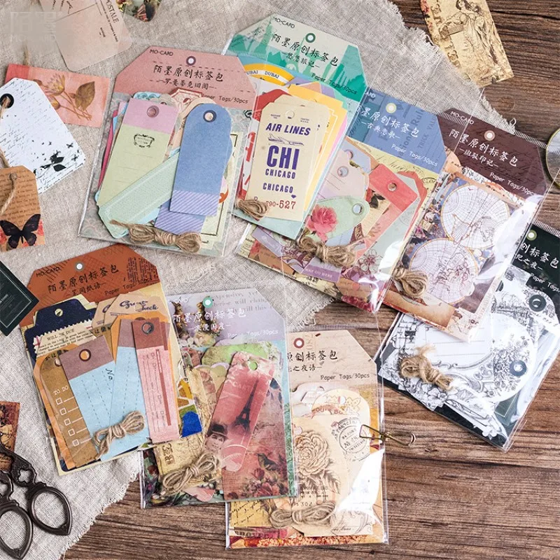 

8patterns available DIY paper tag kit square cards scrapbooking decoration chip board with rope set