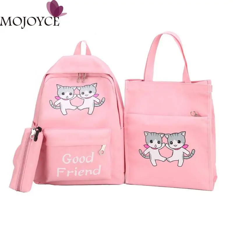 

3 Pcs/set Canvas Backpack Shoulder Bags Pen Case Rucksack Preppy Style Women Cats Print Totes School Pencil Bags Satchel Mochila