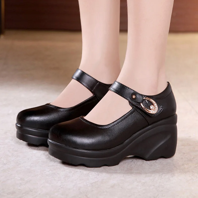 Split Leather Womans Shoes Creepers Platform Pumps Spring Autumn High Heels Wedges Shoes for Women Black Work Shoe