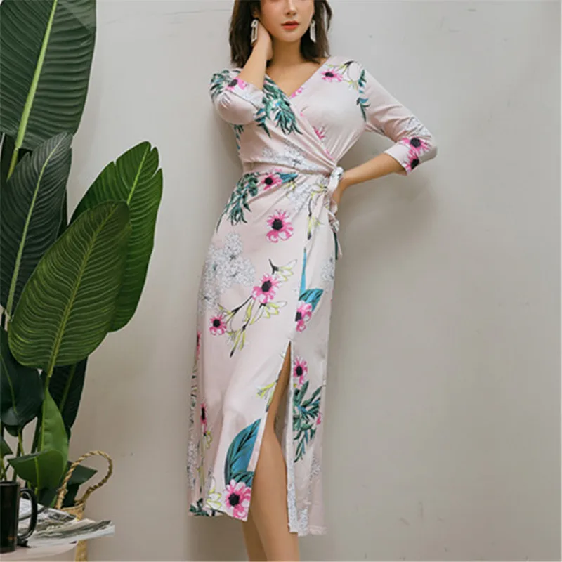 

Soft Floral Fashion Slim Bow New Elegant Mujer Print High Street V Neck High Waist Autumn Party Office 2019 Women Dress Vestido