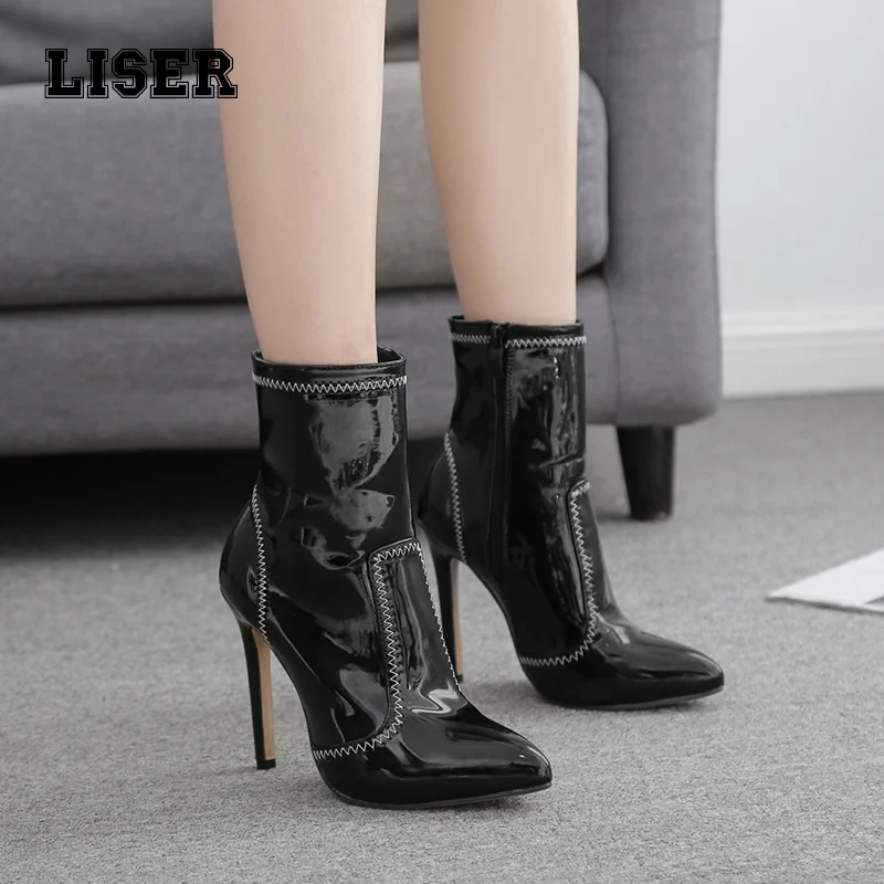 

women super high stiletto ankle boots patent leather pointed toe peep toe high top inner zipper sewing shoes trendy sexy party