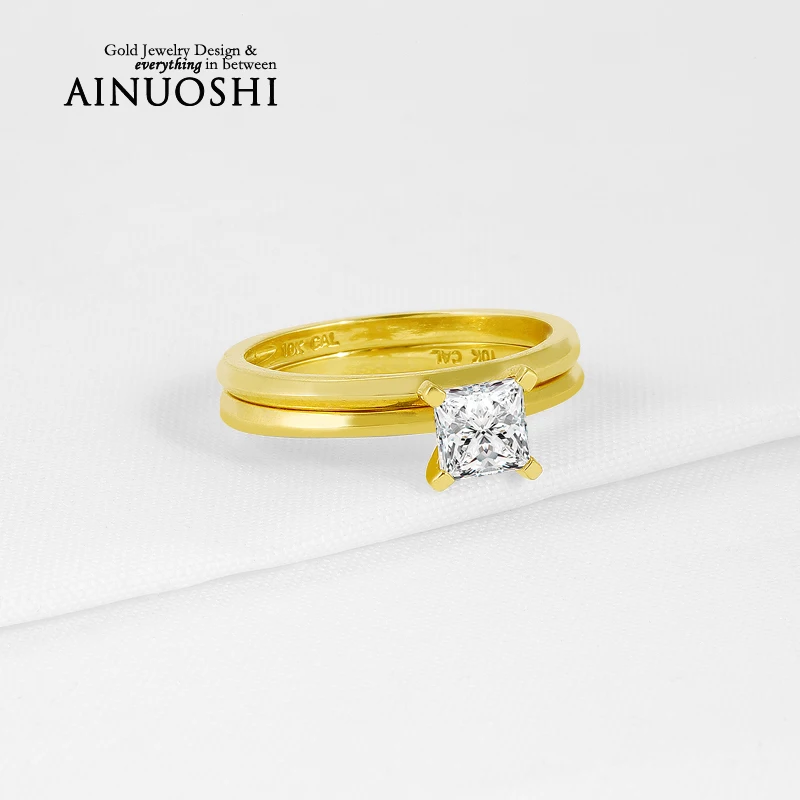 Trendy 10K Yellow Gold Wedding Fine Jewelry Bands Solitaire Princess Cut Sona Simulated Diamond Ring Sets for Women Engagement