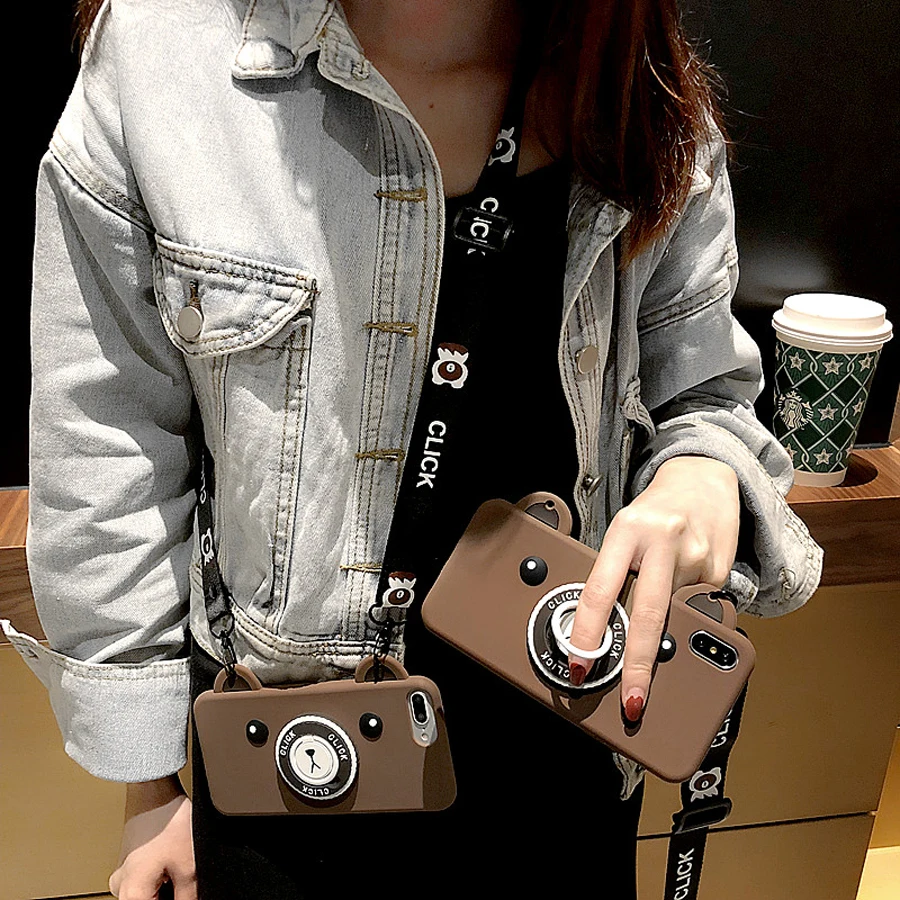 

case for iphone X 7 8 plus XR XS MAX case cover cute 3d bear with strap ring holder soft silicone phone bag case for iphone 6 6s
