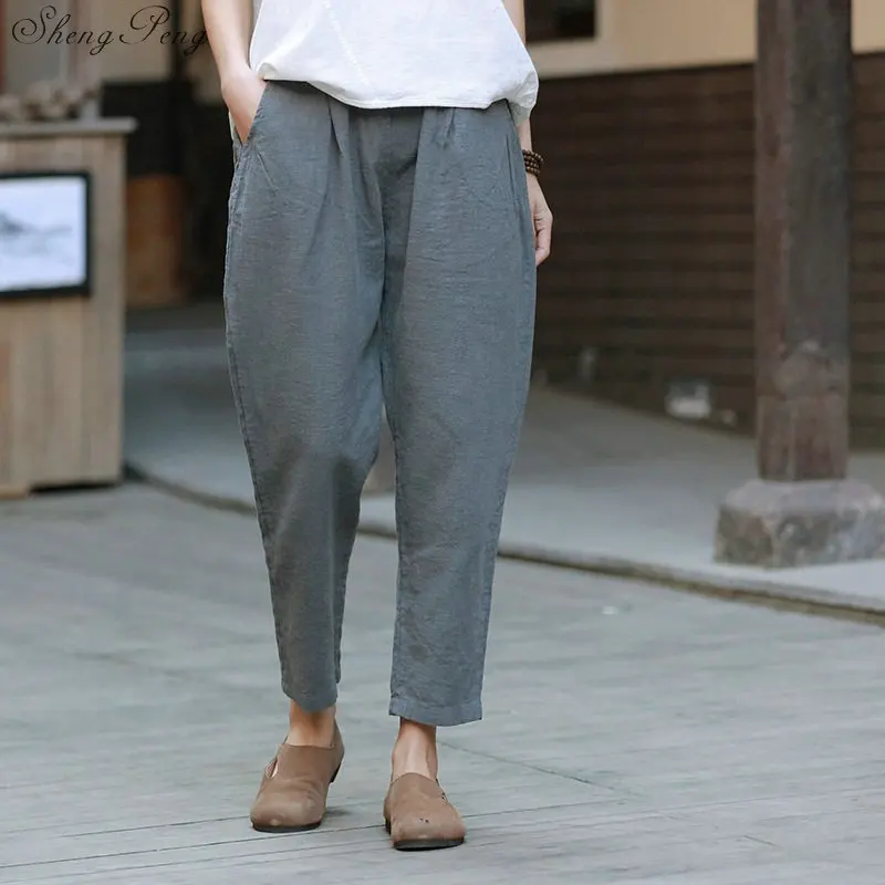 

2019 New Cotton Linen Soft Wide Leg Women Pants Elastic Waist Ankle-Length Solid Color Summer Loose Trouser V1570