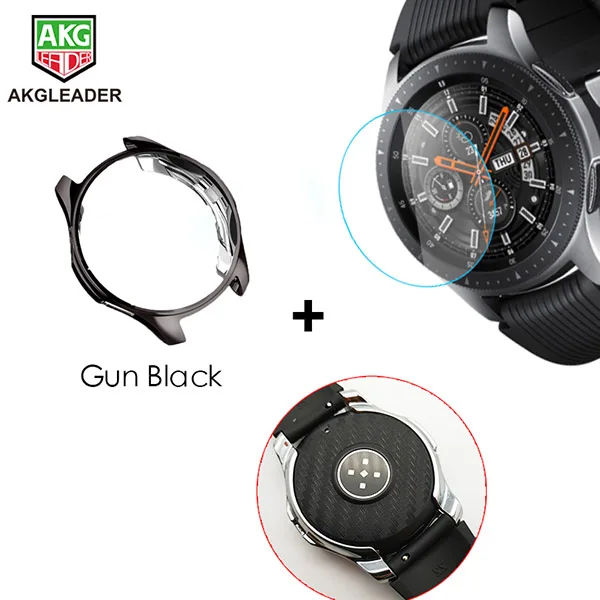 Для Galaxy Watch 46 мм закаленное стекло+ пленка из углеродного волокна+ чехол для Galaxy защита экрана хорошая для вашего ремешка часов - Цвет: Gun BK Case-1 Set