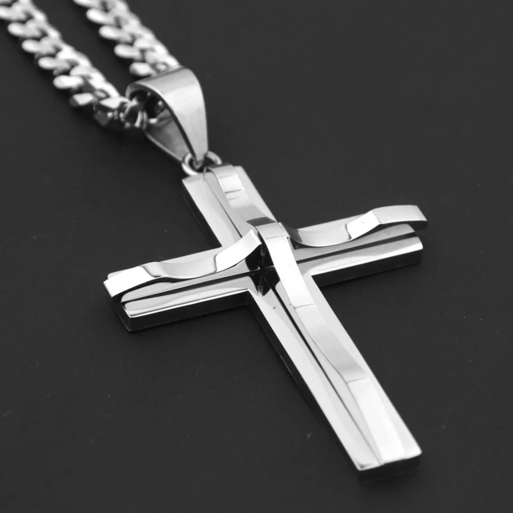 

Fashion Hipper Stainless Steel Silver Tone Vintage Christian Smooth Cross Pendant 5mm Cuban Chain Necklace Men's Women's Jewelry